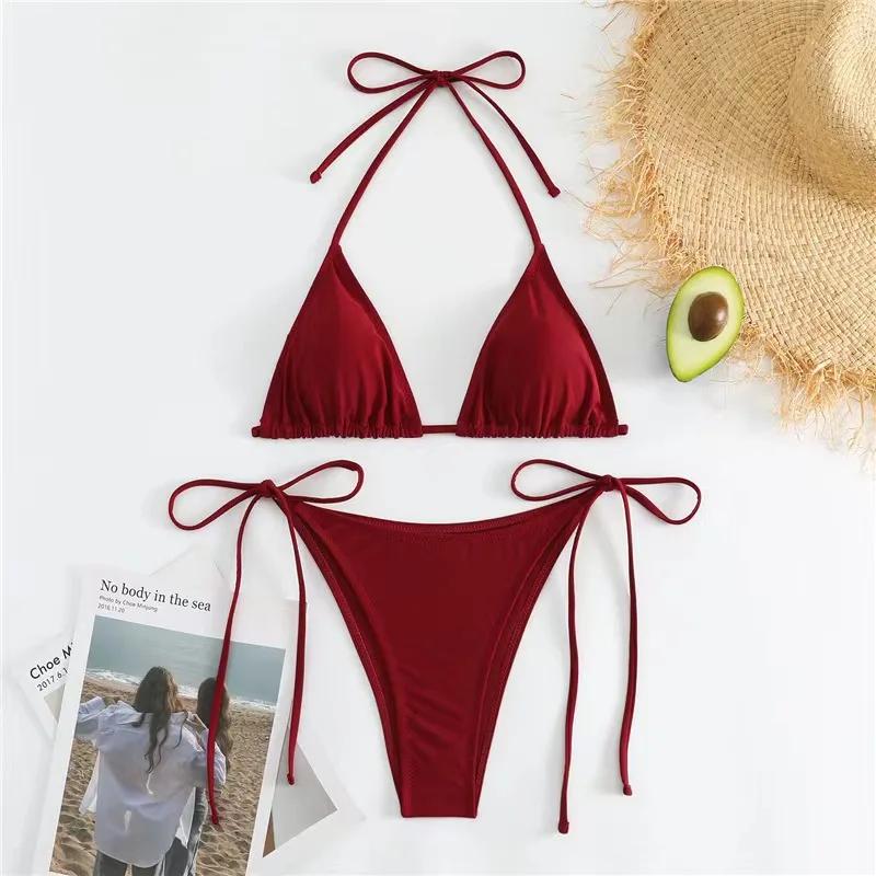 Women Thong Bikini Set Side Lace-up Sexy Swimsuit Bandage Neck Tie Swimwear Adjustable Brazilian Style Bikini Underwear