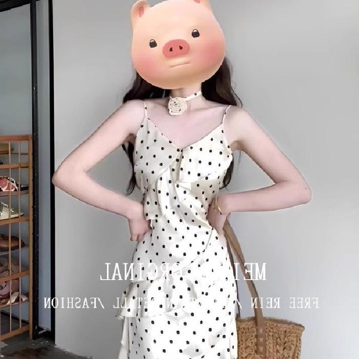 Summer French Coffee Break Temperament Celebrity Polka Dot Suspender Dress Fairy Lotus Leaf Edge Gentle Wind Holiday Long Skirt