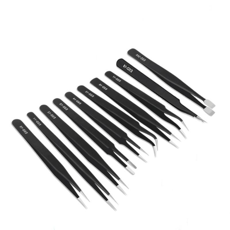 10PCS Non-Magnetic Antistatic Tweezers Set Stainless Steel Maintenance Tools for Jewelry Stone Setting