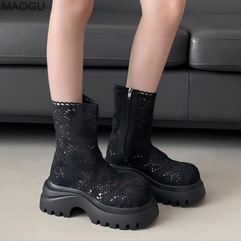 Botines de Plataforma con Diseño Hueco para Mujer Negro Moda Tacón Grueso Cremallera Lateral Botines para Mujer Antideslizante Botas Para Mujer