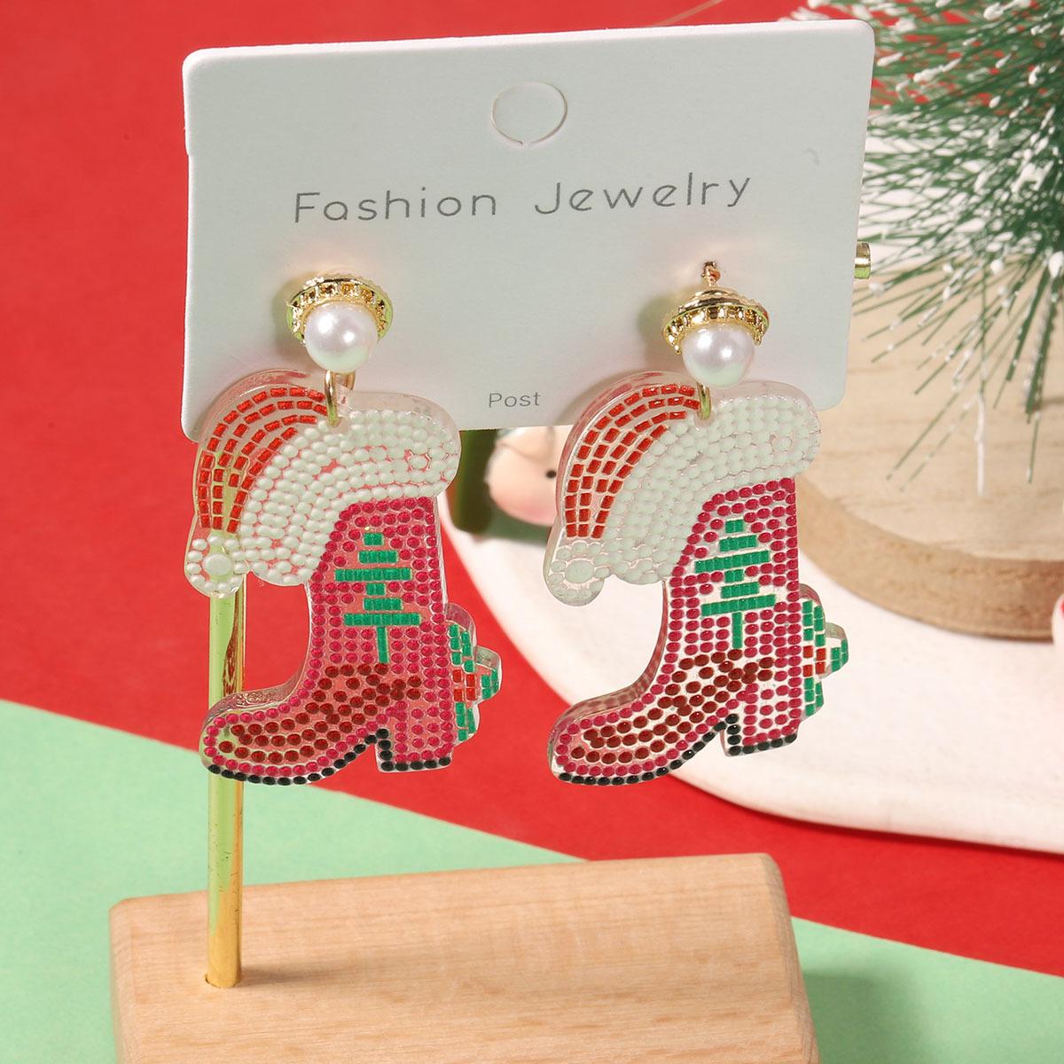 

European and American Christmas earrings, acrylic printed with raised dots, creative cartoon, cute Christmas boots, women s stud earrings