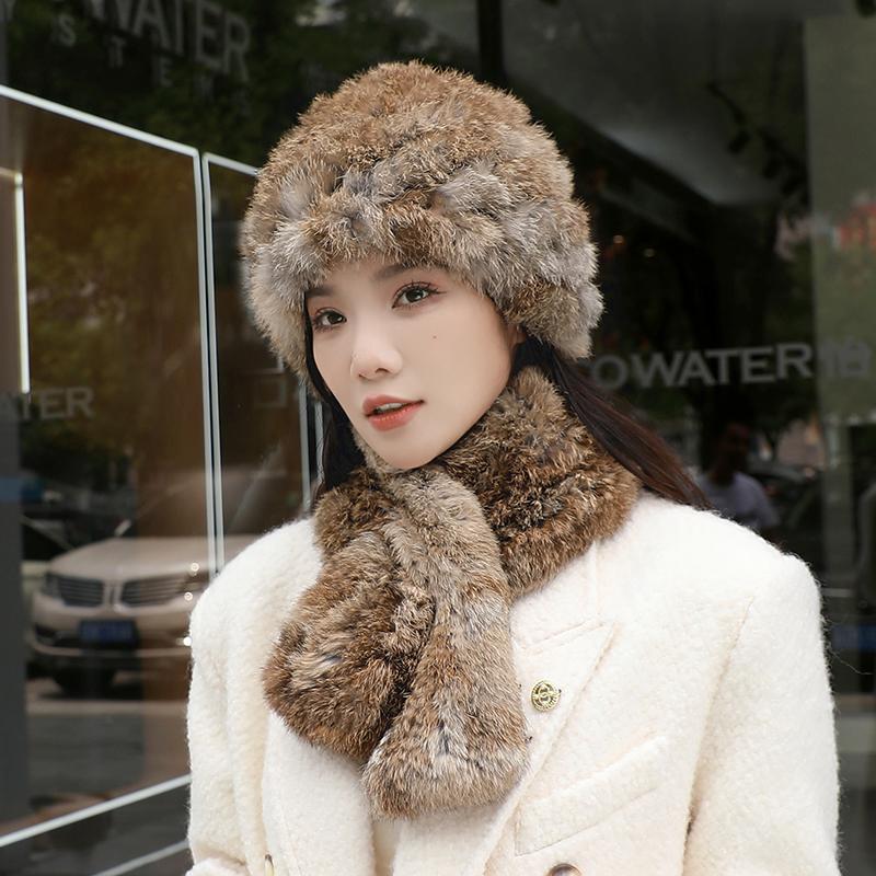 2024 New Winter Hat Women's Rabbit Hair Warm Ear Protection Pineapple Hat Dome Fashion Versatile Mom Hat Set