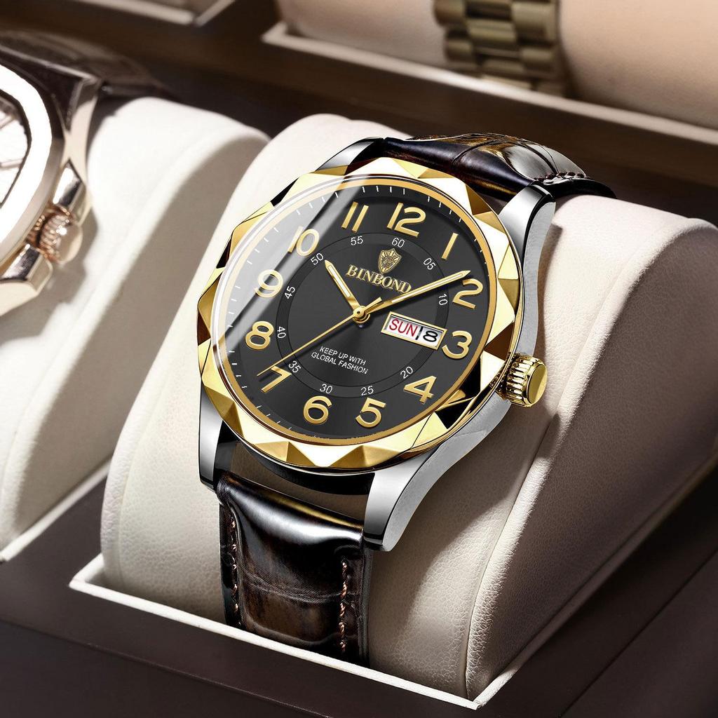 Binbang Ultra-thin Luminous Men's Quartz Watch - Automatic Movement, Waterproof with Calendar, Leather Strap, Business & Fashion Style.