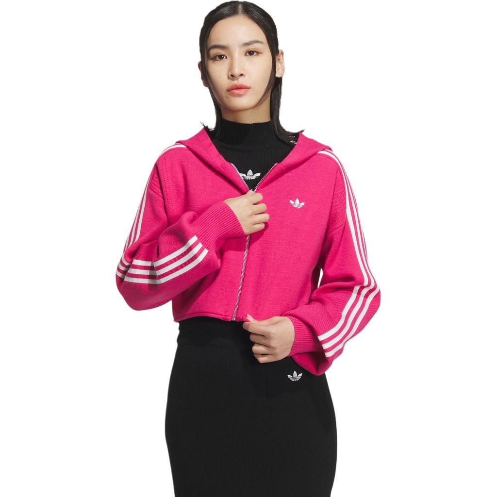 adidas Originals Premium Zip-Up Knit Cropped Hoodie Women Tops Magenta JI7063