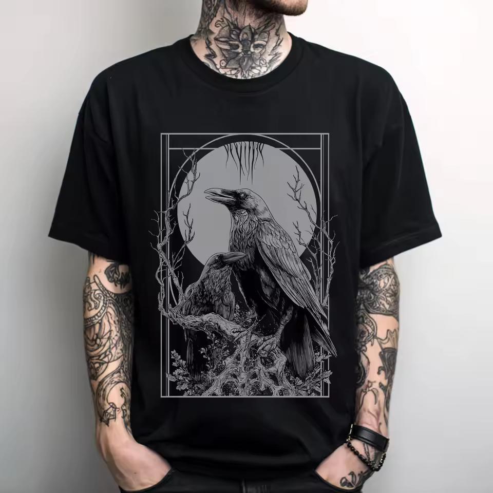 Unisex Raven Moon Gothic T-Shirt Occult Witchy Graphic Shirt Emo Goth Clothing Alternative Metal Graphic Tee Goth Gift for Him