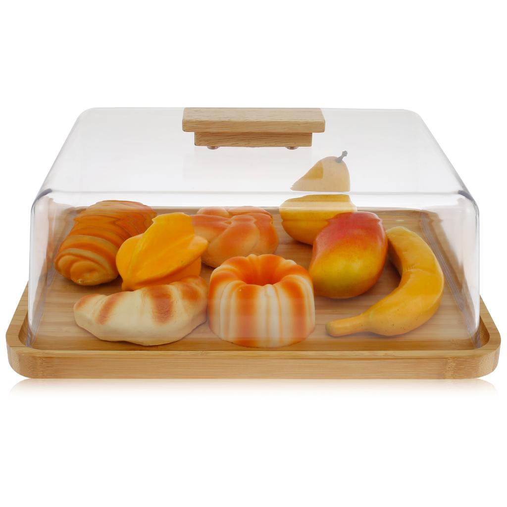 Bamboo Wood Cake Stand Rectangular/Round Snack Display Server Tray with Dust Cover Portable Dessert Plate for Small Party Picnic