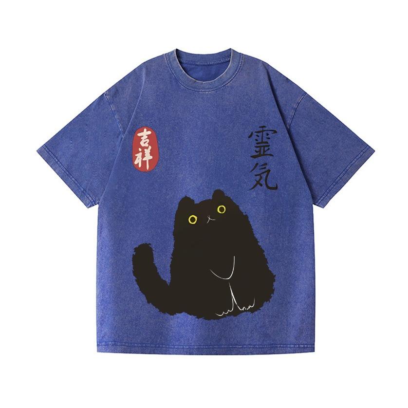 Vintage Lucky Black Cat Japanese Design Wash T-Shirt Fashion Pure Cotton Harajuku Tees Oversized Holiday Kpop Korean Style