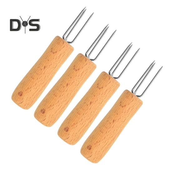 

4 шт. металлические вилки для картофеля с 3 зубцами и ручкой из бука, многоразовые кухонные кукурузные шампуры для кухни Short