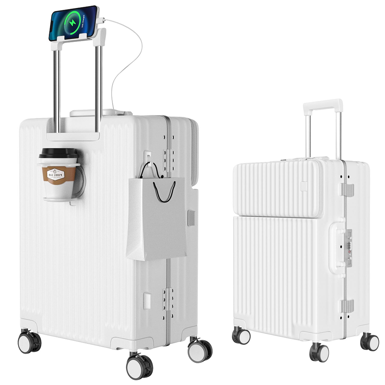 

[Ashard] Suitcase, Multifunctional Front Opening, Carry Case, with Stopper, Carry-on, Carry Bag, Mobile Stand, USB Port, Cup Holder, Hidden Hook