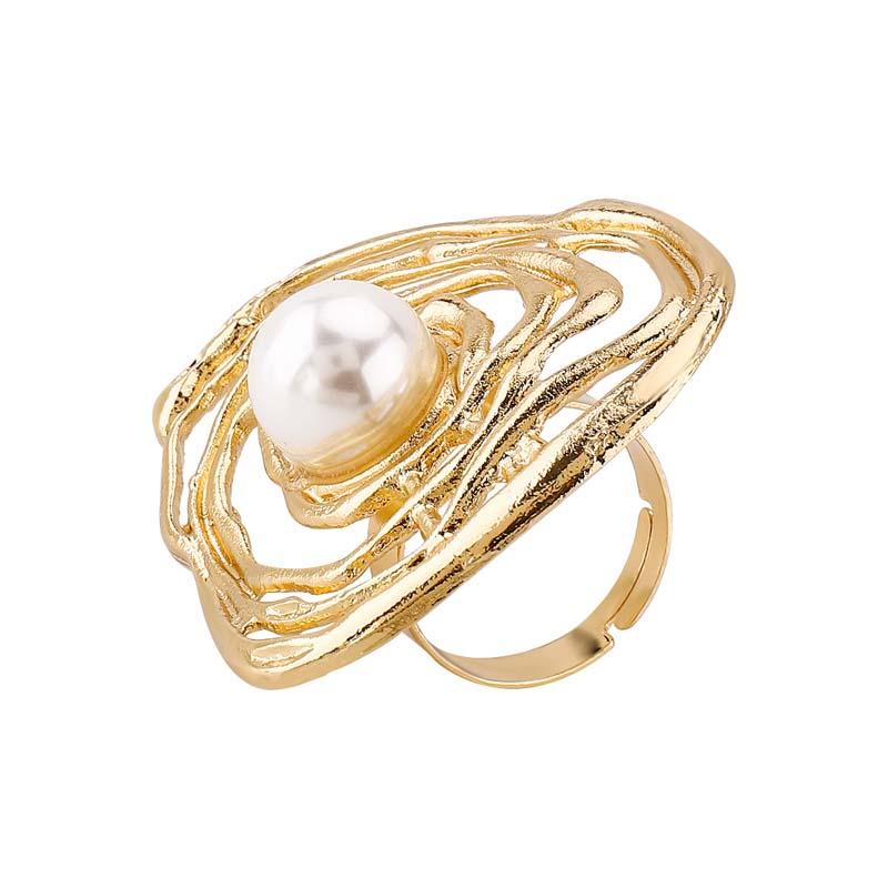 Exaggerated Metal Irregular Hollow Pearl Rings for Women Punk Hip Hop Gold Color Geometric Adjustable Finger Ring Jewelry