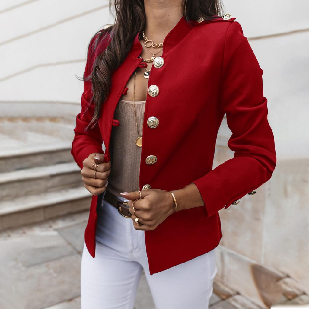 Chaqueta corta de traje pequeño de manga larga de color sólido informal para mujer