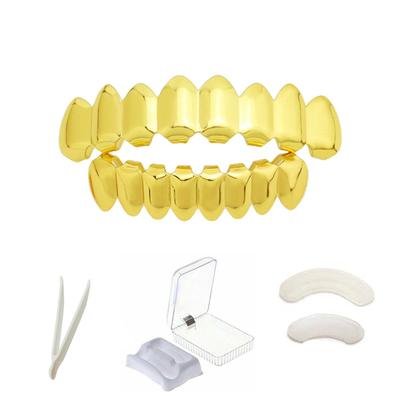18K Kupfer Vergoldet HipHop Zähne Top&Bottom Grillz Zähne Set Mit Fixwachs