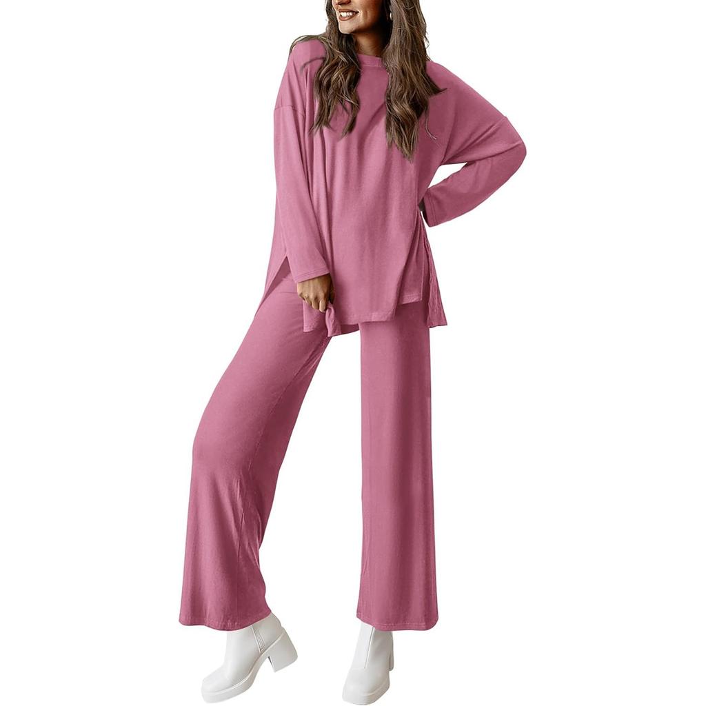 Completo Due Pezzi Moda da Donna a Vestibilità Larga, Colore Unico, Scollo Tondo Spaccato, Maniche Lunghe, Pantaloni Lunghi