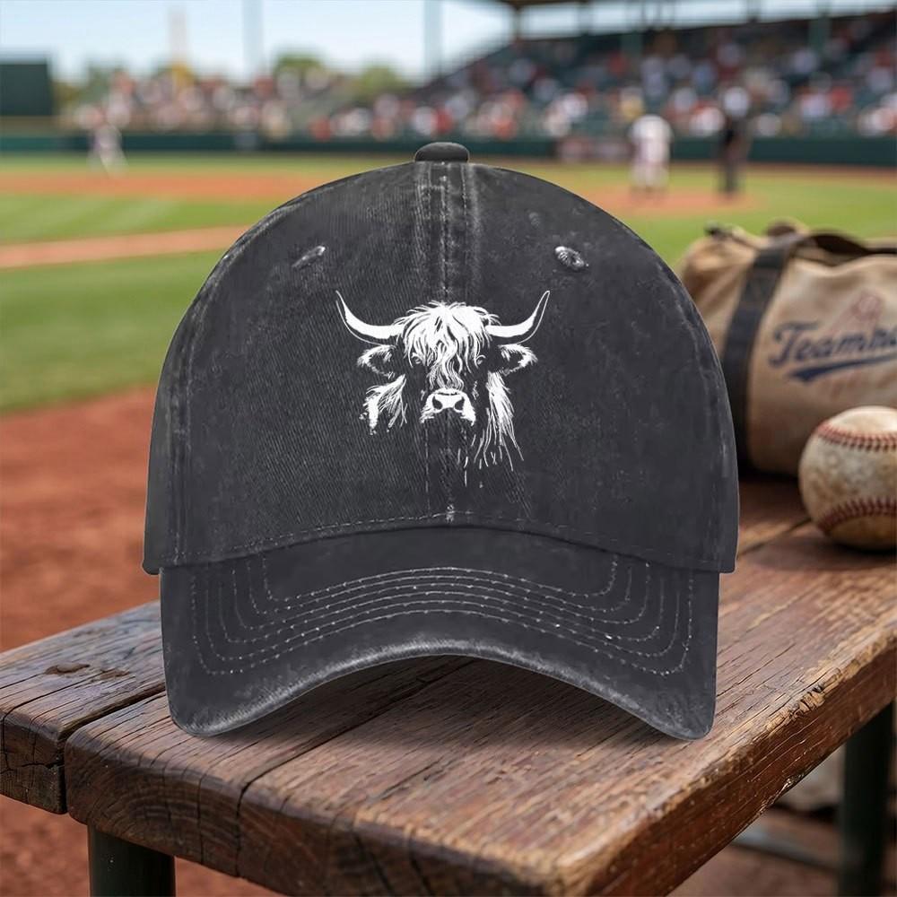 Grafika Krowy Szkockiej Wypłowiała Czapka Baseballowa Unisex Zniszczona Bawełna Sporty na Świeżym Powietrzu Snapback