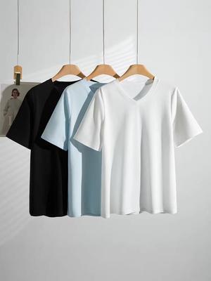 2026 Summer Plus Size V-Neck Short Sleeve Women's Top: Loose, Slimming, Stylish, Solid Color