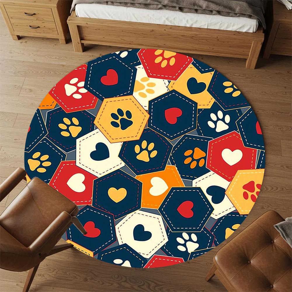 1pc Paw Print Heart Round Chair Mat Area Rug - Non-Slip, Floor Mat for Office, Bedroom, and Indoor Decor -1002217