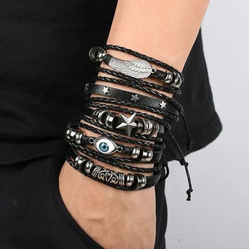 Woven Leather Bracelet Set Handmade Bracelet Adjustable Size Bracelet Multifuntional Fashion Accessory for Man and Woman