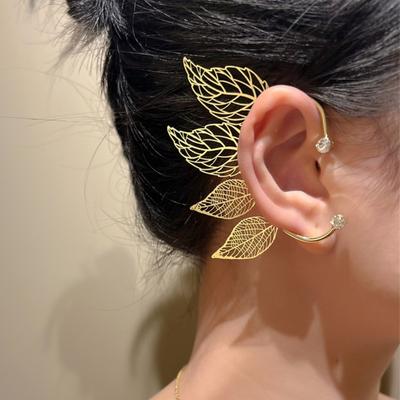 Hollow Four Leaf Non Pierced Ear Cuff Sparkly Inlaid No Hole Ear Wrap Plant Ear Jewelry for Women Fairy Party Decor