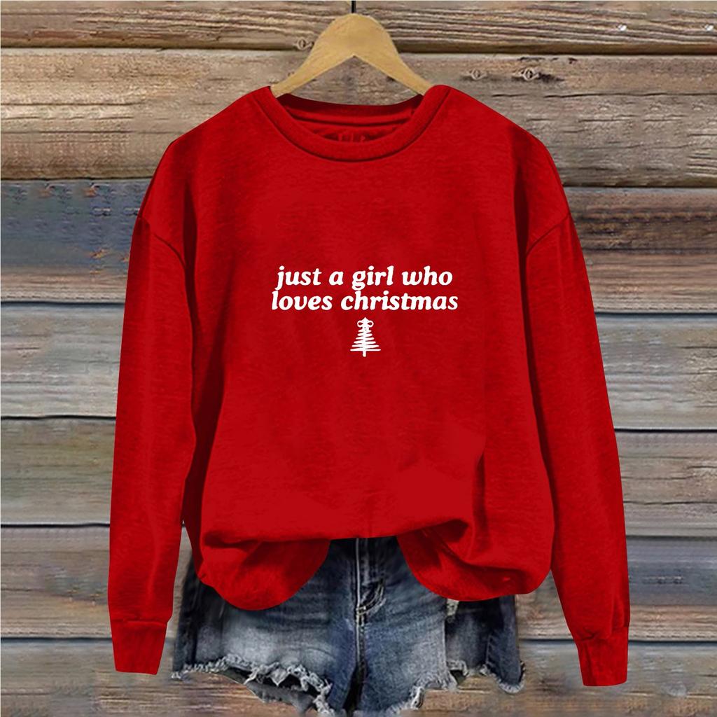 Women's Casual Loose Solid Color Christmas Letter Printed Round Neck Long Sleeved Sweatshirt