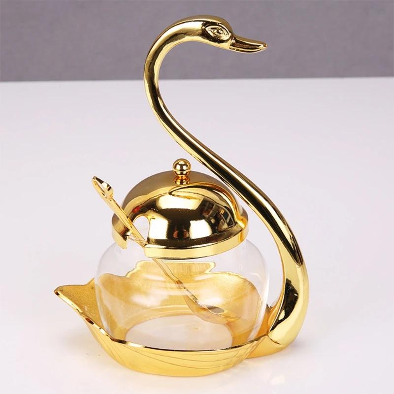 Alloy Condiment Pot Seasoning Container Spice Glass Jar Salt Sugar Bowl Pepper Coffee Storage Organizer Swan Rack Set