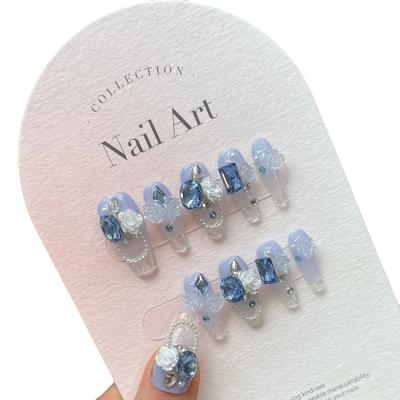 Ongles artificiels faits à la main Ongles de photothérapie en verre glacé bleu mer avancé Ongles réutilisables et amovibles