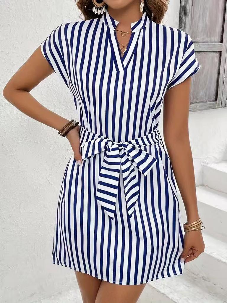 2026 Cross-border Independent Station Amazon 3D Printing European and American Women's Clothing Sleeveless Striped Lace-up V-neck Dress Vacation