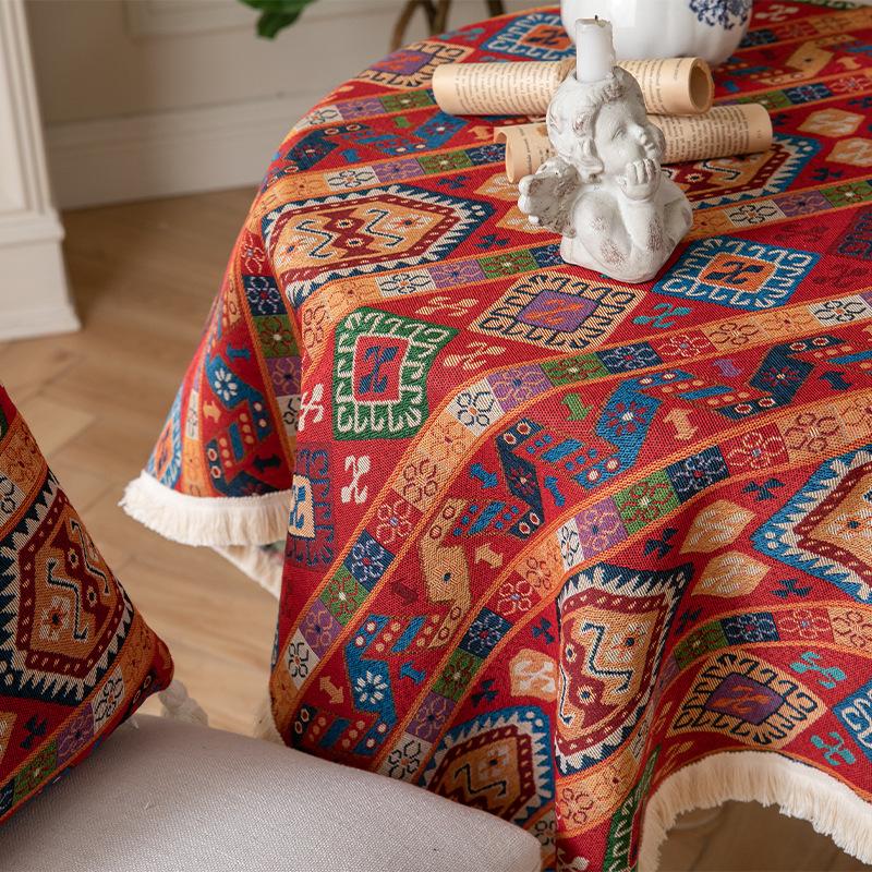 Bohemia Embroidery Patterns Table Cloth Red Badge Tassels Table Cover for Dining Coffee Party Table Decoration Rectangular Round
