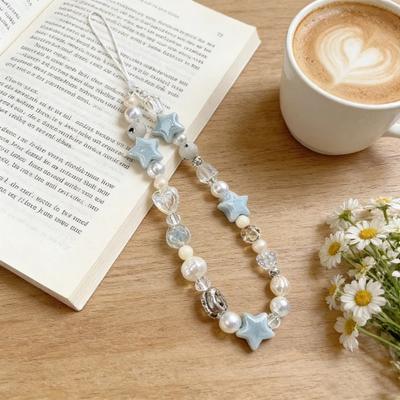 Blue Star Pearl Lanyard For Mobile Phone Fashion Pendant Universal Accessory For iPhone Hand Chain Suitable For Girls Fresh Cute