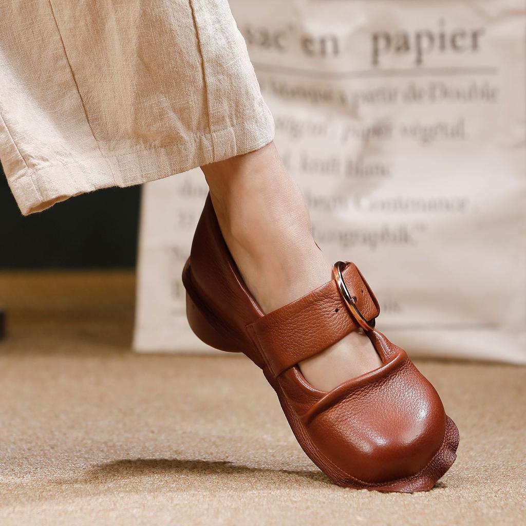 Johnature Retro Lace Thick Heeled Soft Soled Shoes Genuine Leather Women's Mid Heel Pumps