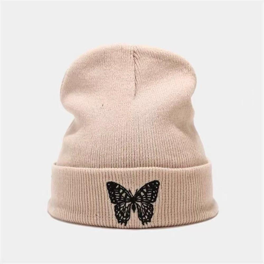 Embroidered Butterfly Knitted Pullover Hat Windproof Ski Bonnets Hat Winter Warm Skullcap