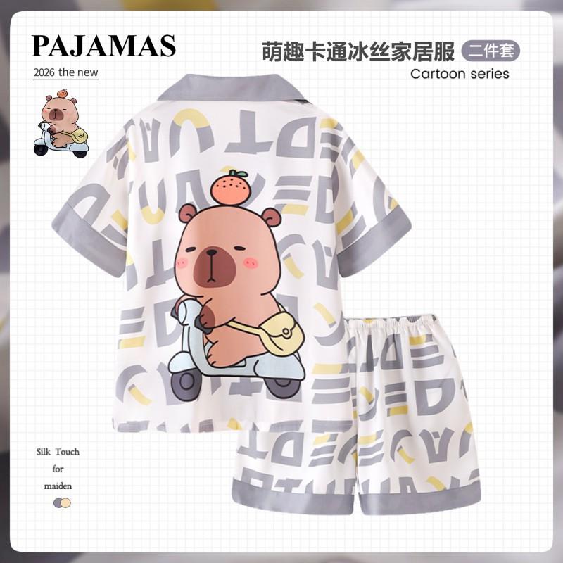 Boys Lightweight Ice Silk Pajama Set Short Sleeve Sleepwear Kids 3-8 Years Cartoon Print Two-Piece Home Wear