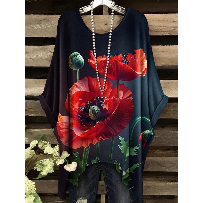 New Women's T-Shirt Vintage Floral Pattern Printed Asymmetrical Hem O-Neck Short Sleeve Top Casual Fashion Street Outdoor Tops