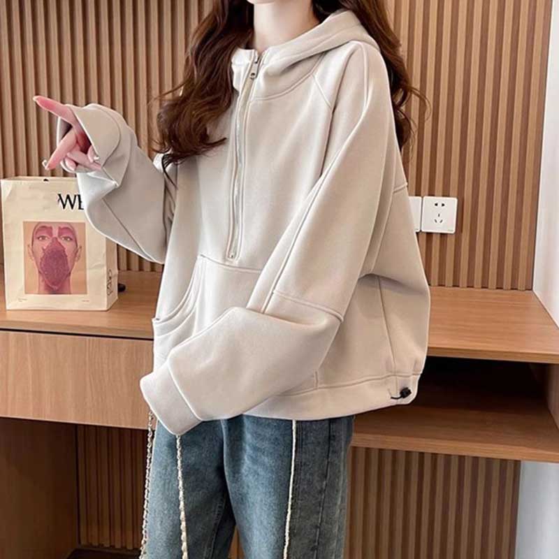 Sweatshirt for Women Cotton Solid Color Hooded Thickened Loose Round Neck Casual Pullover Long Sleeve Top Sweatshirt