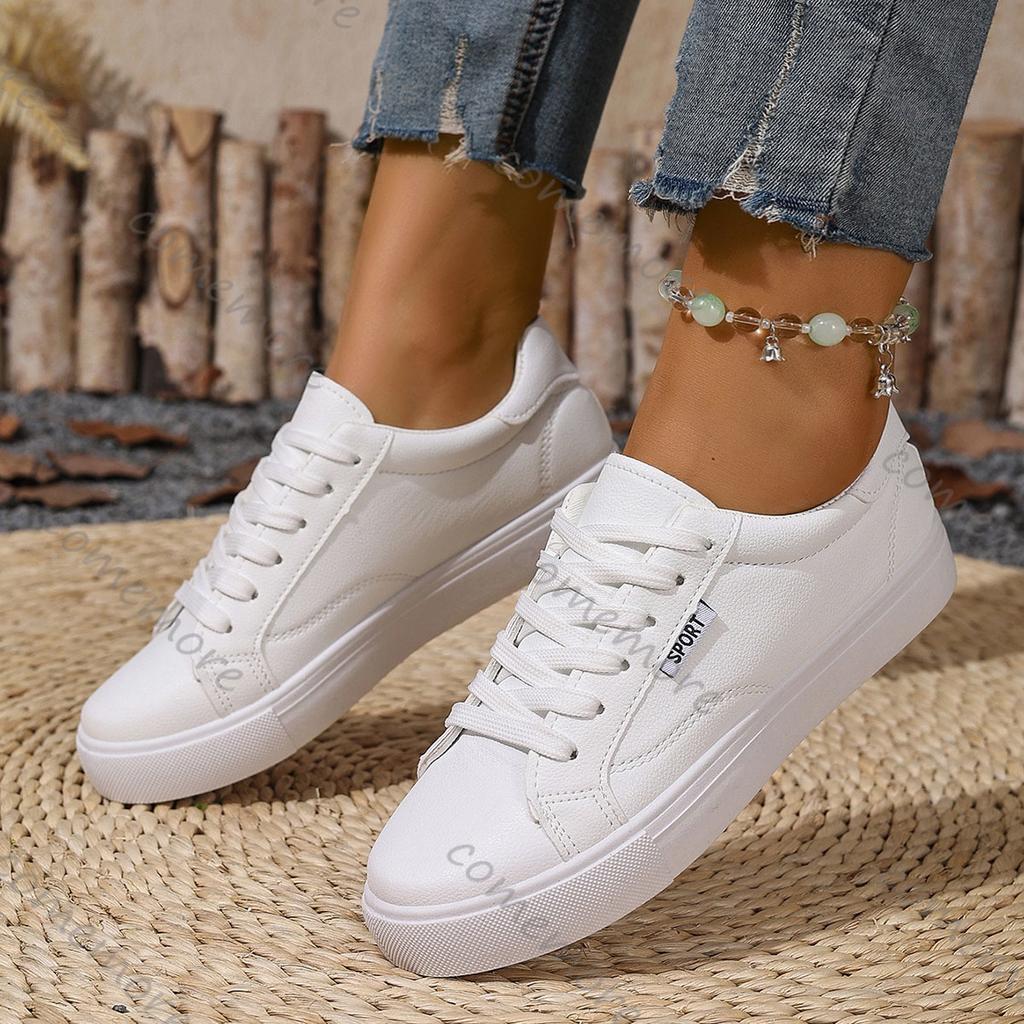 Comemore White Shoes Women's Spring Autumn Flat Bottom Leather Sneakers Casual Lace Up Students College Style Board Shoes Female