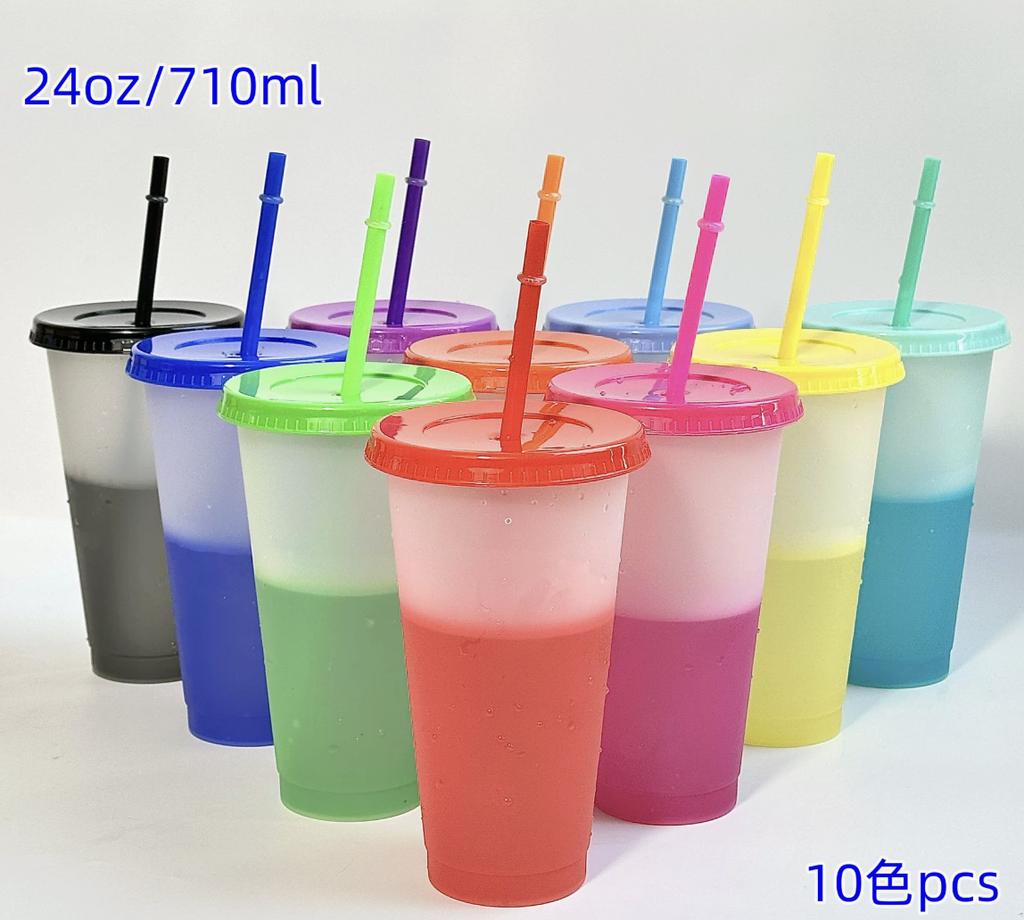 Eco-Friendly Cold-Sensitive Color-Changing Large-Capacity PP Plastic Cup with Straw for Party Use Set of 10