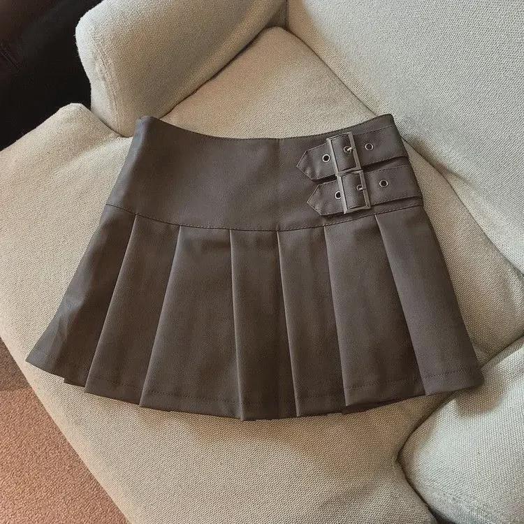 Women's Brown Leather A-Line Skirt: 2024 Autumn, High-Waist, Slim, Pleated, Fashionable PU Design