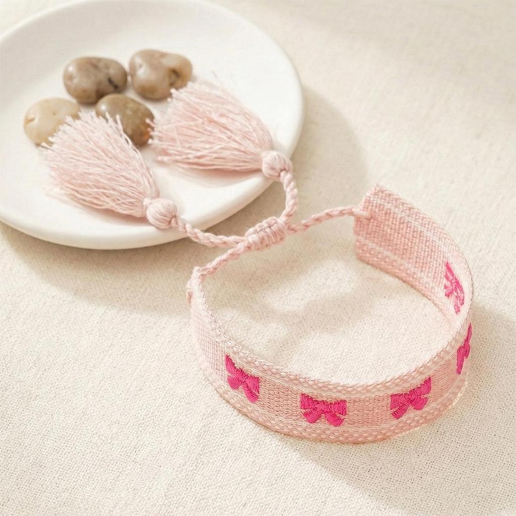 Cross-border Ethnic Style Braided Friendship Bracelet with Embroidered Bow & Tassels