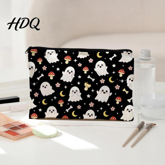 Anti Pilling Cosmetic Bag Bag Halloween Pattern Print Makeup Canvas Cute Daily Storage Zipper Pouch for Change Data Cable Washable Pencil Case