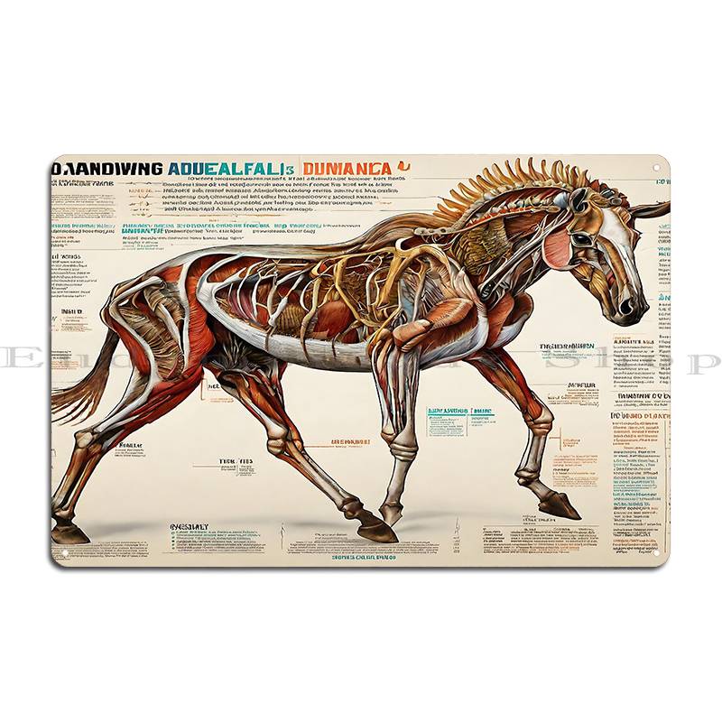 Koňská kosterní anatomie Veterinární nástěnný plakát Průvodce anatomií Kovová deska Dekorace stěny obývacího pokoje nebo hospody Železný plechový znak Plakát