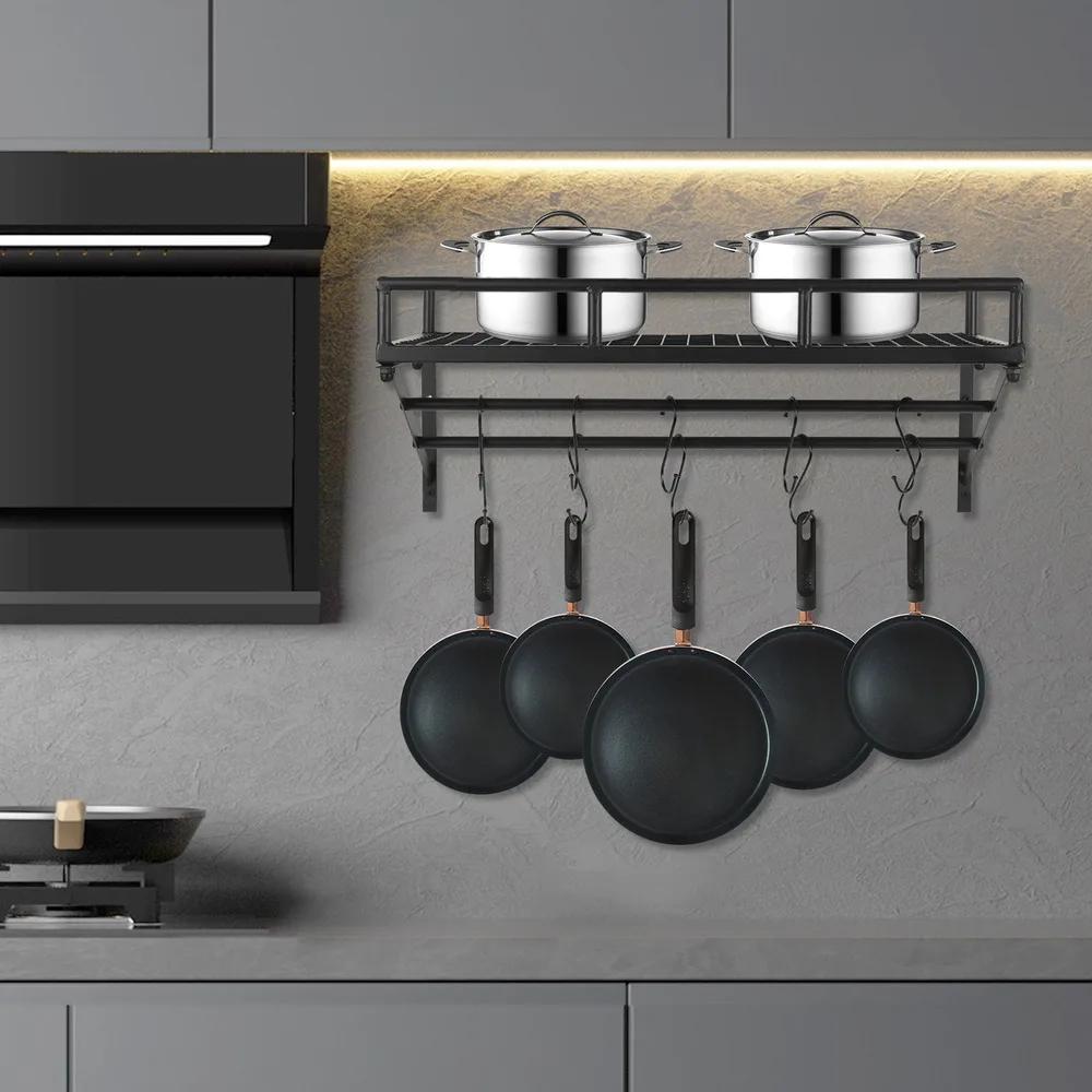 Modernt väggmonterat köksförvaringshylla - Förvaringsställ för köksredskap, kastruller, pannor med 10 krokar, Utrymmesbesparande design, Maxbelastning 20 kg/44 lbs