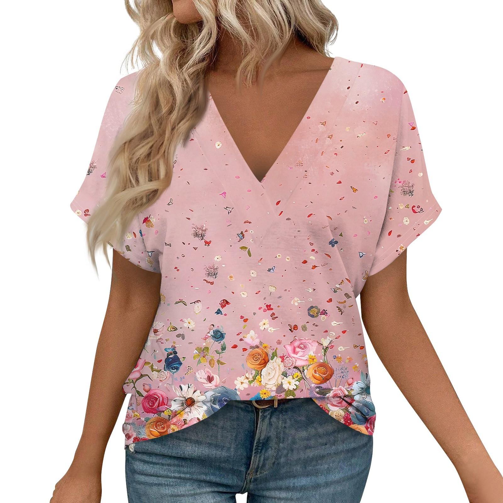 

Женские рубашки с коротким рукавом, топы с принтом и V-образным вырезом, повседневные топы, базовые футболки, блузки, свободные топы S розовый