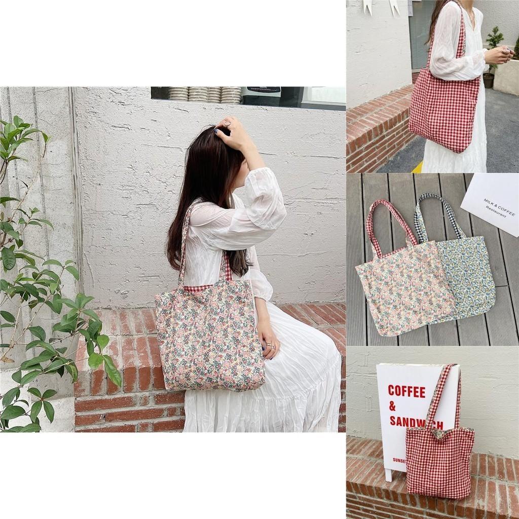 Chic Plaid Floral Patchwork Canvas Shoulder Bag For Women Soft Handle Design