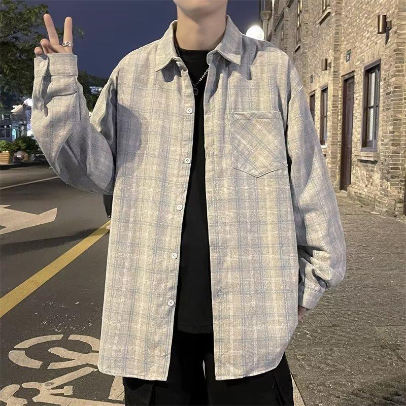 Autumn Shirt Men'S Korean Style Trendy Loose Checkered Shirt Jacket Long Sleeved Top