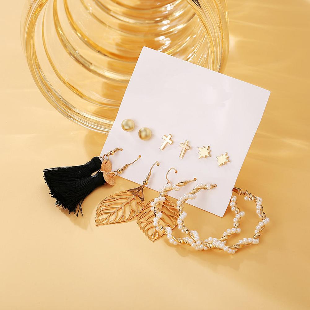 6 Pairs of Women's Earrings Hollow Leaf Faux Pearl Tassel Ear Accessories