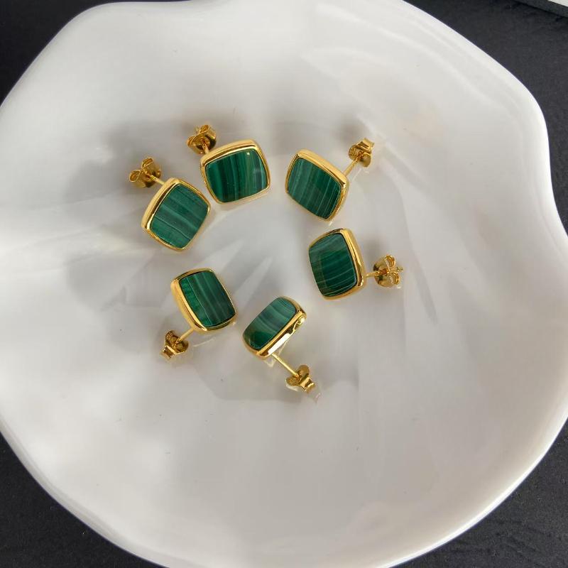 925 Sterling Silver Women Geometric Gold Plated Stud Earrings Malachite  Natural Stones  Elegant Jewelry Bijoux Wholesale