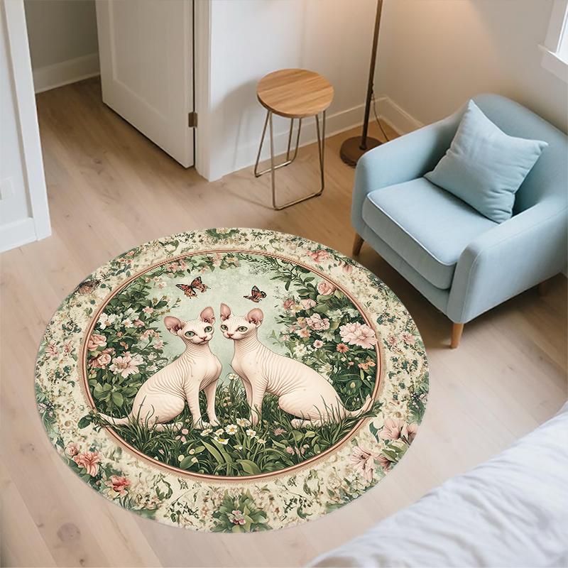 Sphynx Cat and Flowers pattern round rug,Carpet Rug for Living Room Bedroom Sofa Playroom Decor,Non-slip Floor Mat,Holiday Gifts and Birthday Gifts