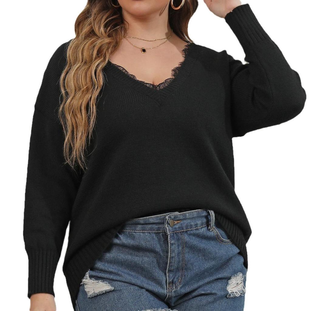 European and American Large-size Women's Woven Sweater Bottoming Shirt Top Splicing Lace V-neck Pullover Sweater F21397