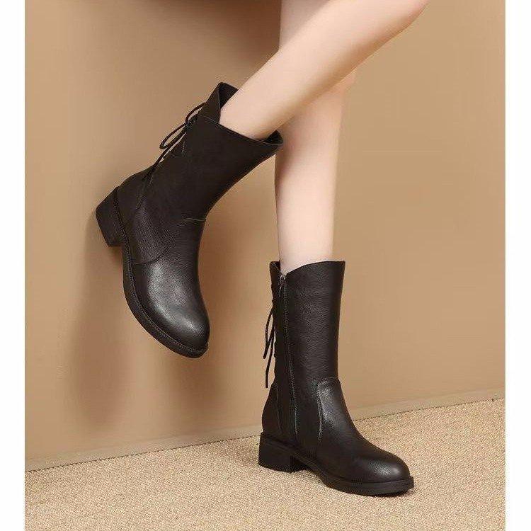 Soft leather Martin boots thickened new medium boots women's 2025 autumn and winter velvet warm medium heel thick heel women's cotton shoes