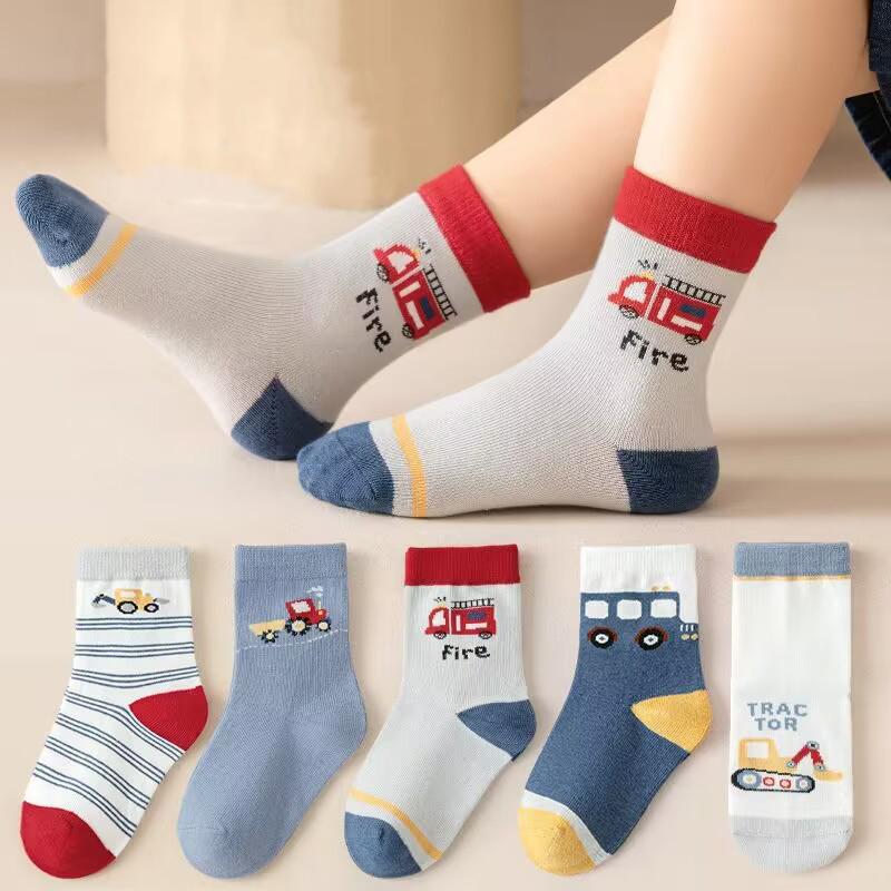 5Pairs Autumn Children Cotton Socks Fashion Car Boys Sports Sock Soft Comfortable Kids Middle Tute Socks 1-14Year Baby Footwear