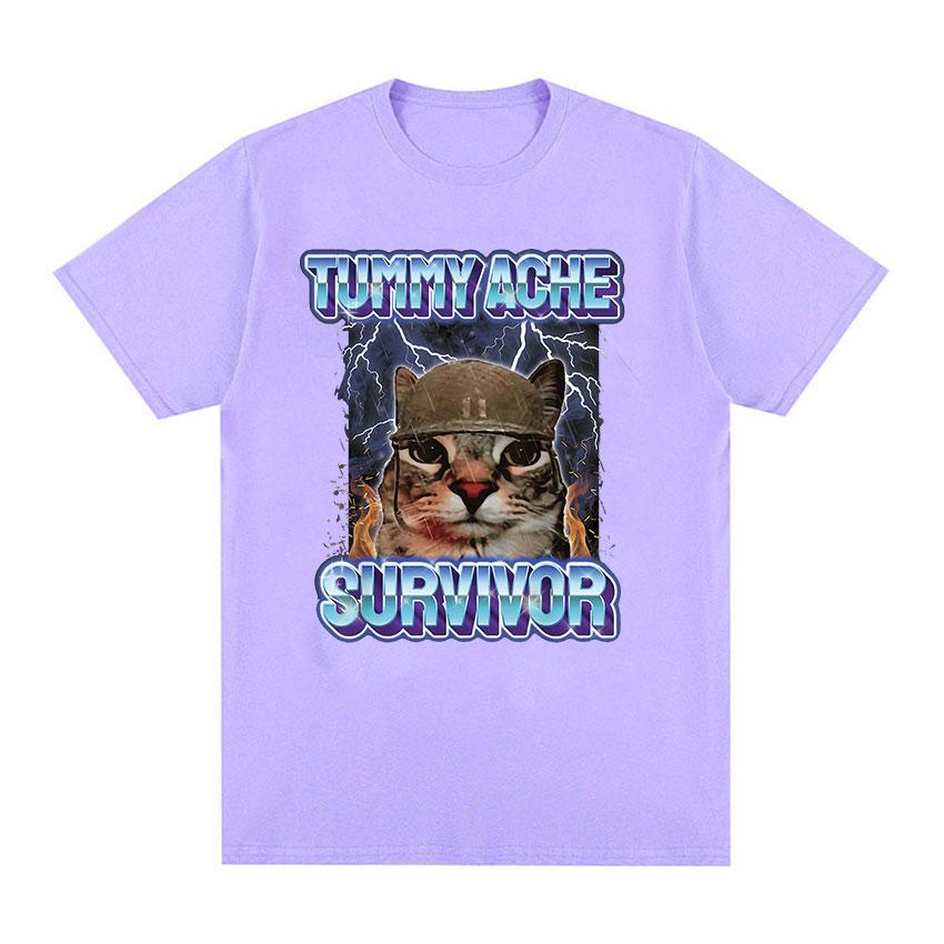 Vintage Tummy Ache Survivor Funny Cat Meme Tee Shirt Men Women Clothing Fashion Short Sleeve T-shirt Casual Pure Cotton T Shirts